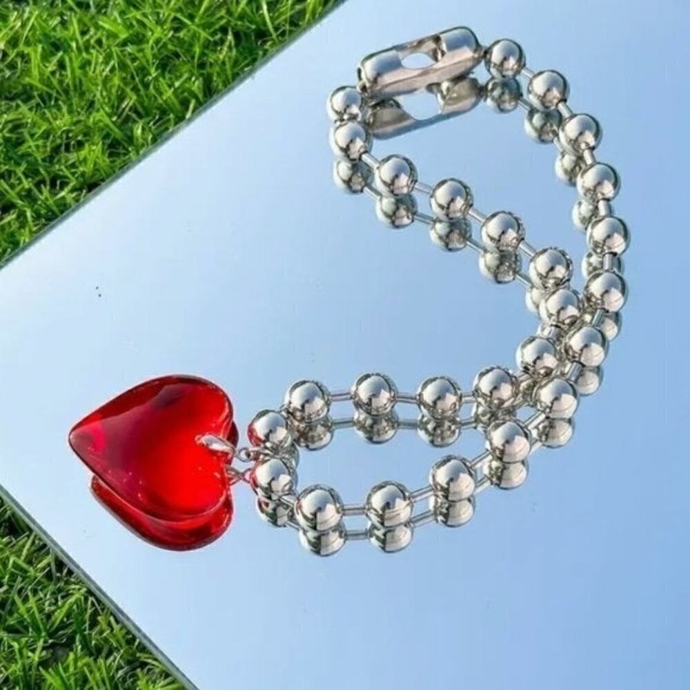 Silver Red Choker Heart Beaded NWT Gift Necklace Sexy Valentine Club Christmas - Picture 5 of 7